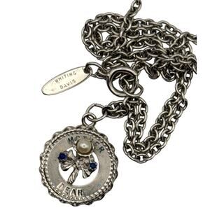 Vintage M&M Sterling Silver “Mother Dear” Necklace Faux Pearl & Blue Rhinestones